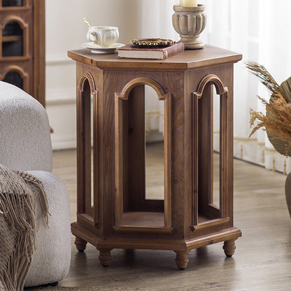 Traditional Chinese Pine Wood MDF Hexagonal Coffee Table With 2 Tiers For Living Room & Bedroom