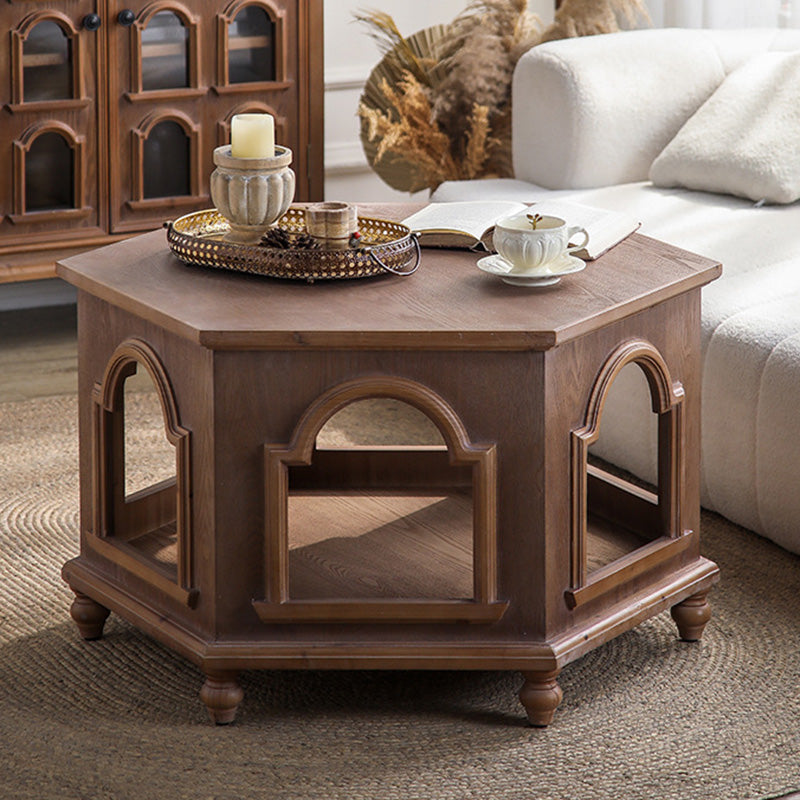 Traditional Chinese Pine Wood MDF Hexagonal Coffee Table With 2 Tiers For Living Room & Bedroom