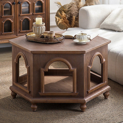 Traditional Chinese Pine Wood MDF Hexagonal Coffee Table With 2 Tiers For Living Room & Bedroom