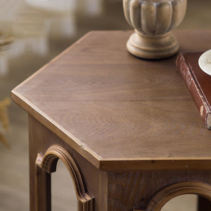 Traditional Chinese Pine Wood MDF Hexagonal Coffee Table With 2 Tiers For Living Room & Bedroom