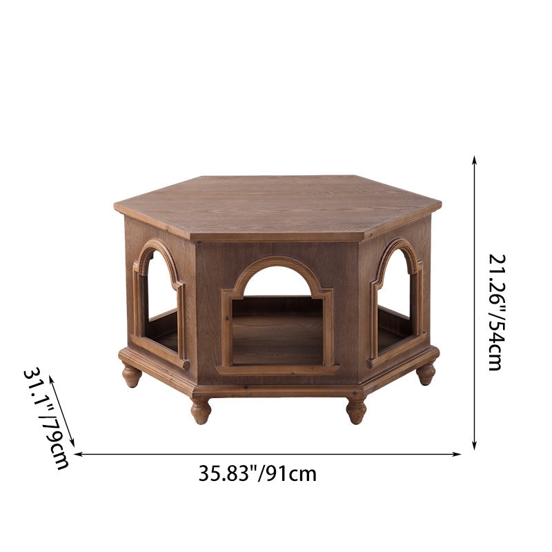 Traditional Chinese Pine Wood MDF Hexagonal Coffee Table With 2 Tiers For Living Room & Bedroom