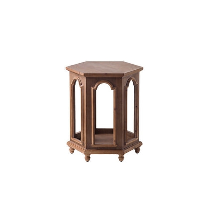 Traditional Chinese Pine Wood MDF Hexagonal Coffee Table With 2 Tiers For Living Room & Bedroom