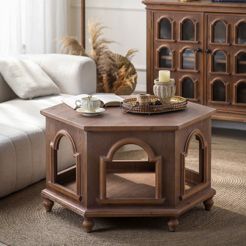 Traditional Chinese Pine Wood MDF Hexagonal Coffee Table With 2 Tiers For Living Room & Bedroom