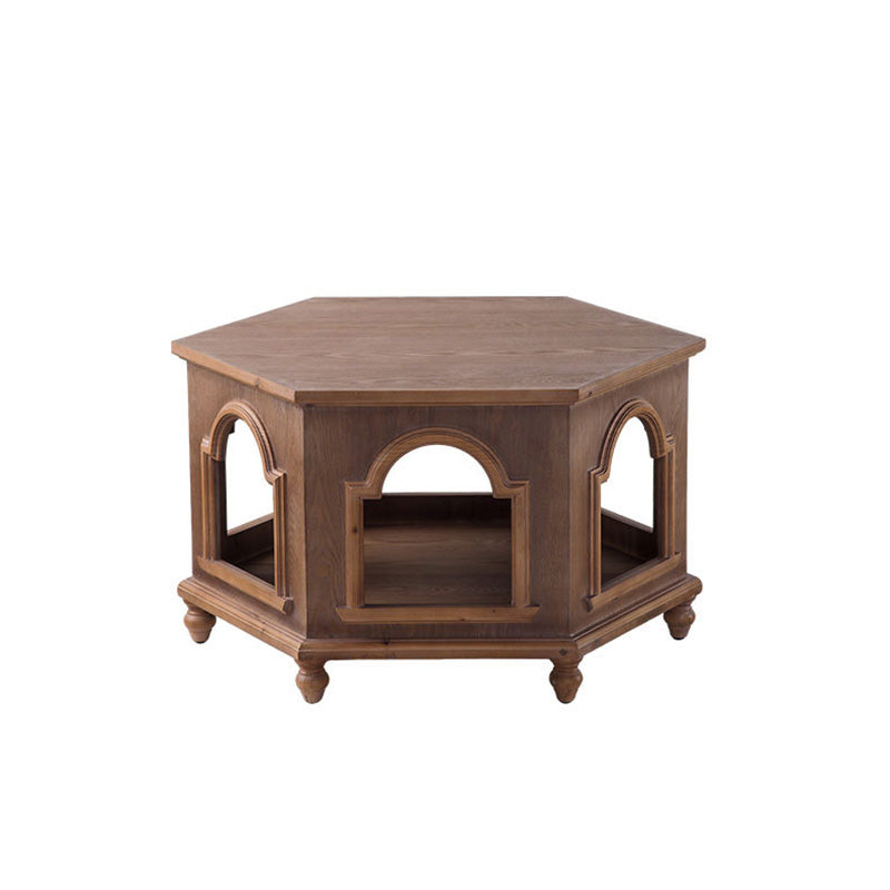 Traditional Chinese Pine Wood MDF Hexagonal Coffee Table With 2 Tiers For Living Room & Bedroom