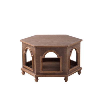 Traditional Chinese Pine Wood MDF Hexagonal Coffee Table With 2 Tiers For Living Room & Bedroom