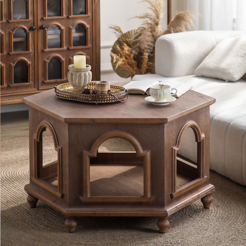Traditional Chinese Pine Wood MDF Hexagonal Coffee Table With 2 Tiers For Living Room & Bedroom