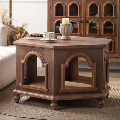 Traditional Chinese Pine Wood MDF Hexagonal Coffee Table With 2 Tiers For Living Room & Bedroom