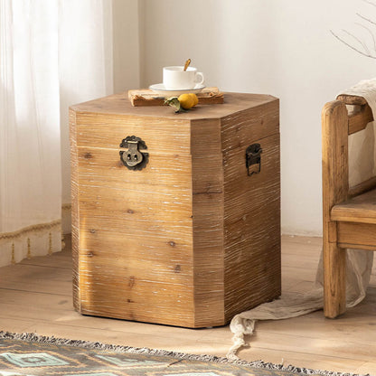 Traditional Vintage Fir Wood Octagonal Side Table With 1-Storage For Living Room & Bedroom