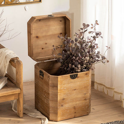 Traditional Vintage Fir Wood Octagonal Side Table With 1-Storage For Living Room & Bedroom
