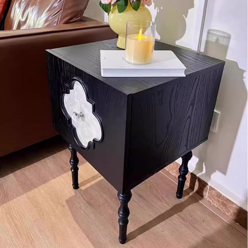 Traditional Chinese Ash Wood Square Nightstand Solid Wood Multi-Layer Board Storage Cabinet With Crystal Accents For Bedroom & Living Room