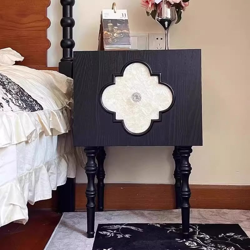Traditional Chinese Ash Wood Square Nightstand Solid Wood Multi-Layer Board Storage Cabinet With Crystal Accents For Bedroom & Living Room