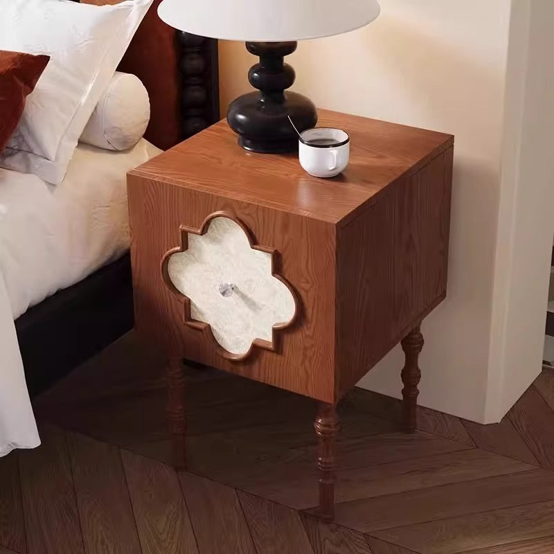 Traditional Chinese Ash Wood Square Nightstand Solid Wood Multi-Layer Board Storage Cabinet With Crystal Accents For Bedroom & Living Room