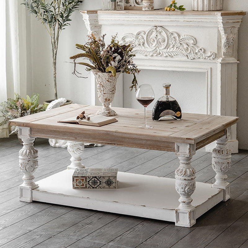 Modern Shabby Chic Rectangular Fir Wood, Artificial Board & Magnesium Oxide Coffee Table With 1/2-Tier Design For Living Room & Bedroom
