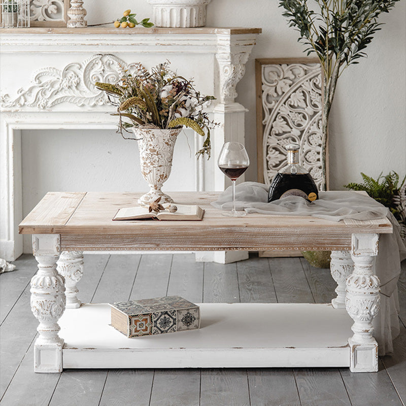 Modern Shabby Chic Rectangular Fir Wood, Artificial Board & Magnesium Oxide Coffee Table With 1/2-Tier Design For Living Room & Bedroom