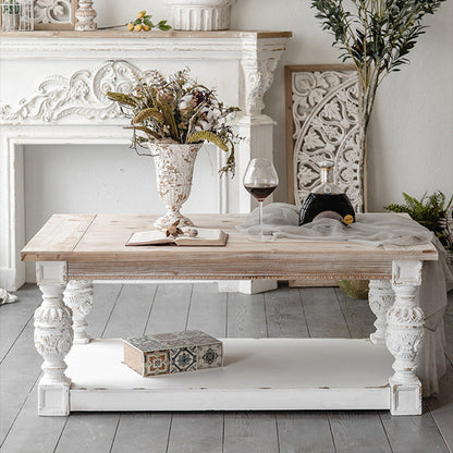 Modern Shabby Chic Rectangular Fir Wood, Artificial Board & Magnesium Oxide Coffee Table With 1/2-Tier Design For Living Room & Bedroom