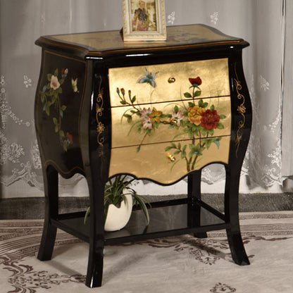 Traditional Chinese MDF Birch Rectangular Side Table With 3-Drawer 2-Tier Storage For Living Room & Bedroom
