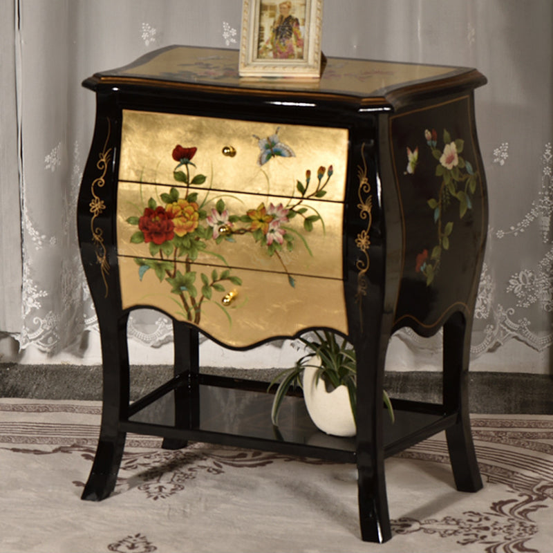 Traditional Chinese MDF Birch Rectangular Side Table With 3-Drawer 2-Tier Storage For Living Room & Bedroom