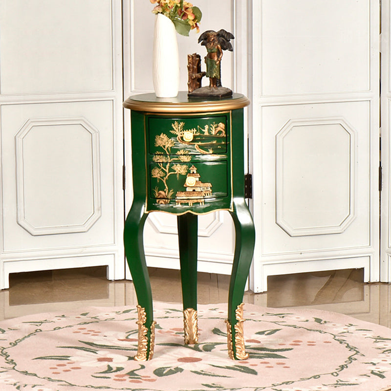 Traditional Chinese MDF Birch Round Side Table With 2-Drawer Storage For Living Room & Bedroom
