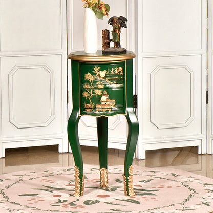 Traditional Chinese MDF Birch Round Side Table With 2-Drawer Storage For Living Room & Bedroom