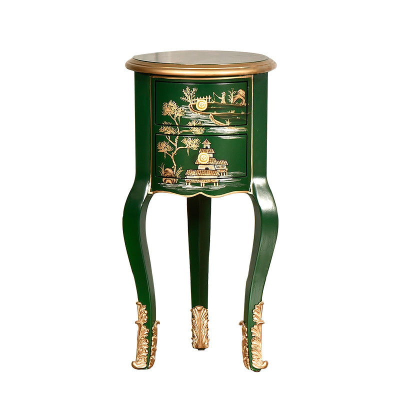Traditional Chinese MDF Birch Round Side Table With 2-Drawer Storage For Living Room & Bedroom
