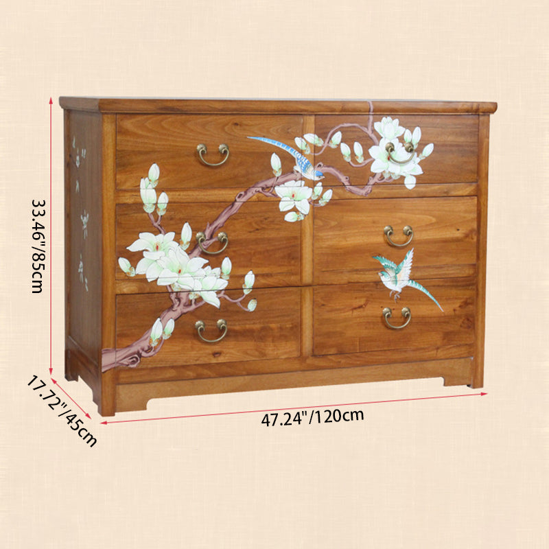 Traditional Chinese Camphorwood Rectangular Storage Cabinet With 6-Drawer For Living Room & Bedroom