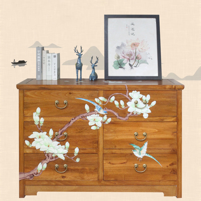 Traditional Chinese Camphorwood Rectangular Storage Cabinet With 6-Drawer For Living Room & Bedroom
