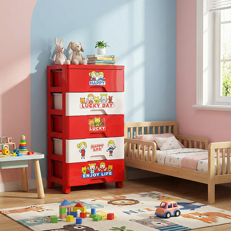 Contemporary Creative Kids PP Plastic Rectangular Movable Storage Cabinet 5-Drawer For Living Room & Bedroom