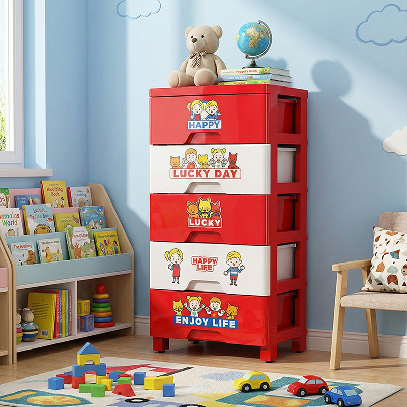 Contemporary Creative Kids PP Plastic Rectangular Movable Storage Cabinet 5-Drawer For Living Room & Bedroom