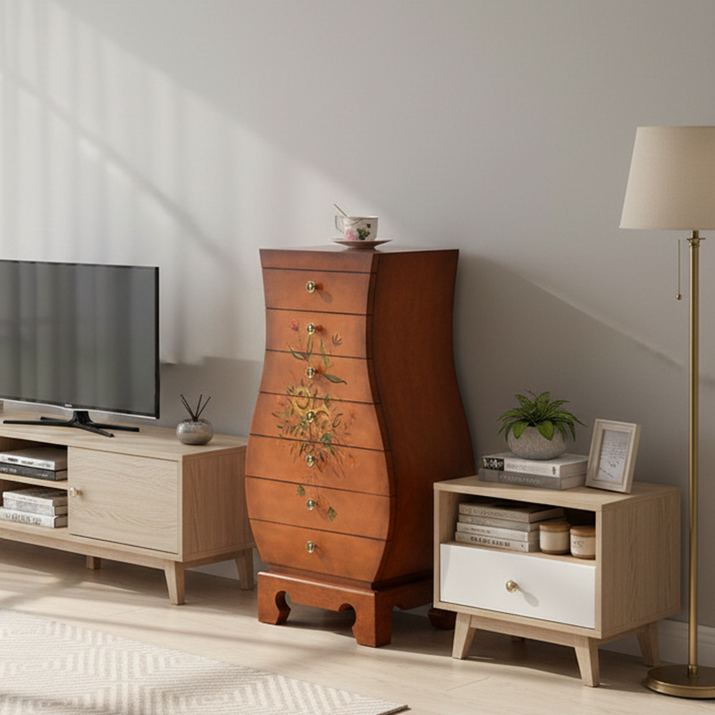 Traditional Chinese MDF Birch Wood Vase-Shaped Storage Cabinet 7-Drawer For Living Room & Bedroom