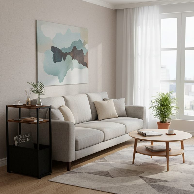 Modern Minimalist MDF Iron Fabric Rectangular 3-Tier Side Table For Living Room & Bedroom