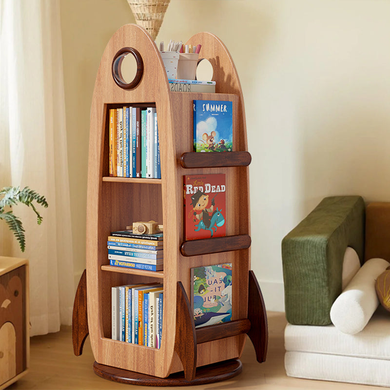Contemporary Creative Solid Wood Rocket-Shaped Swivel Bookshelf With 4-Tier Storage For Living Room & Bedroom