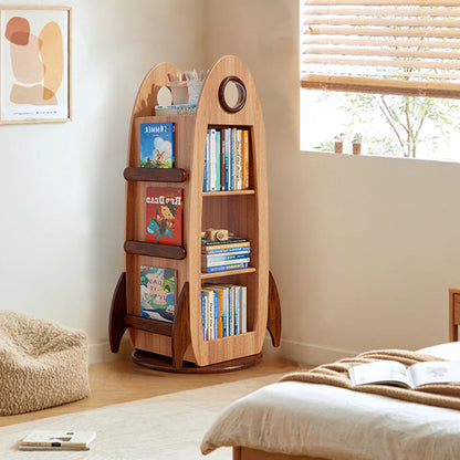 Contemporary Creative Solid Wood Rocket-Shaped Swivel Bookshelf With 4-Tier Storage For Living Room & Bedroom