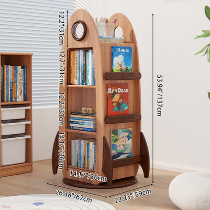 Contemporary Creative Solid Wood Rocket-Shaped Swivel Bookshelf With 4-Tier Storage For Living Room & Bedroom