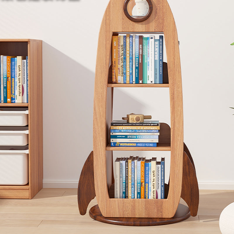 Contemporary Creative Solid Wood Rocket-Shaped Swivel Bookshelf With 4-Tier Storage For Living Room & Bedroom
