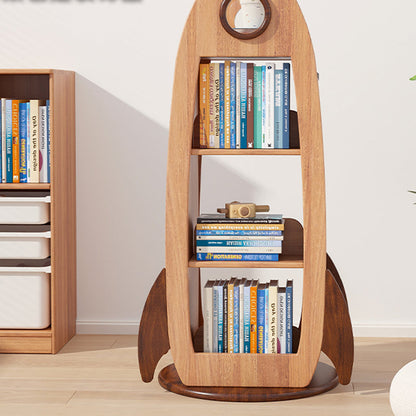 Contemporary Creative Solid Wood Rocket-Shaped Swivel Bookshelf With 4-Tier Storage For Living Room & Bedroom