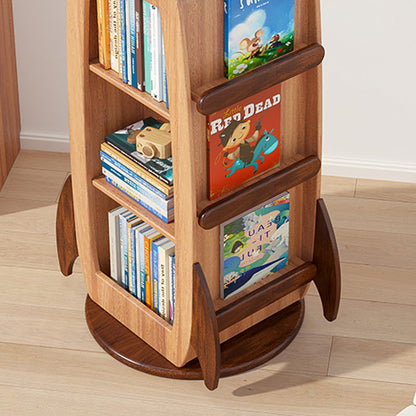 Contemporary Creative Solid Wood Rocket-Shaped Swivel Bookshelf With 4-Tier Storage For Living Room & Bedroom