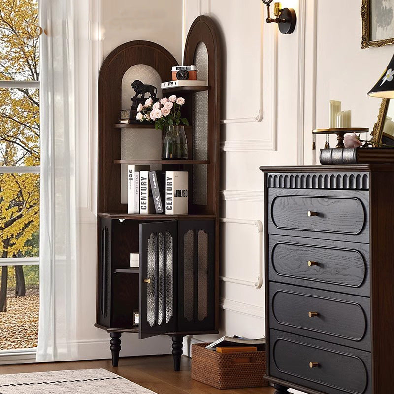 Contemporary Retro Ash Wood Solid Wood Multi-Layer Board Glass Arch Rectangular Corner Storage Cabinet 4-Tier For Living Room Bedroom