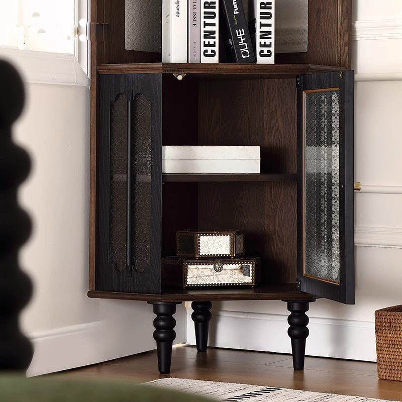 Contemporary Retro Ash Wood Solid Wood Multi-Layer Board Glass Arch Rectangular Corner Storage Cabinet 4-Tier For Living Room Bedroom