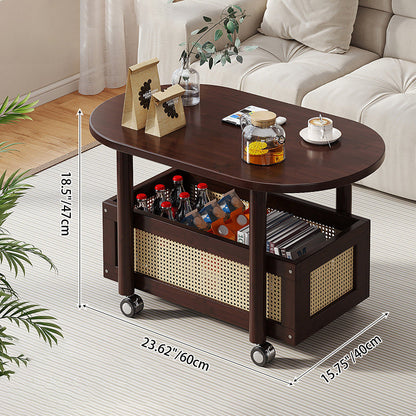 Traditional Vintage Bamboo PP Plastic Weaving Oval Rectangular Side Table 2-Tier Movable Storage For Living Room