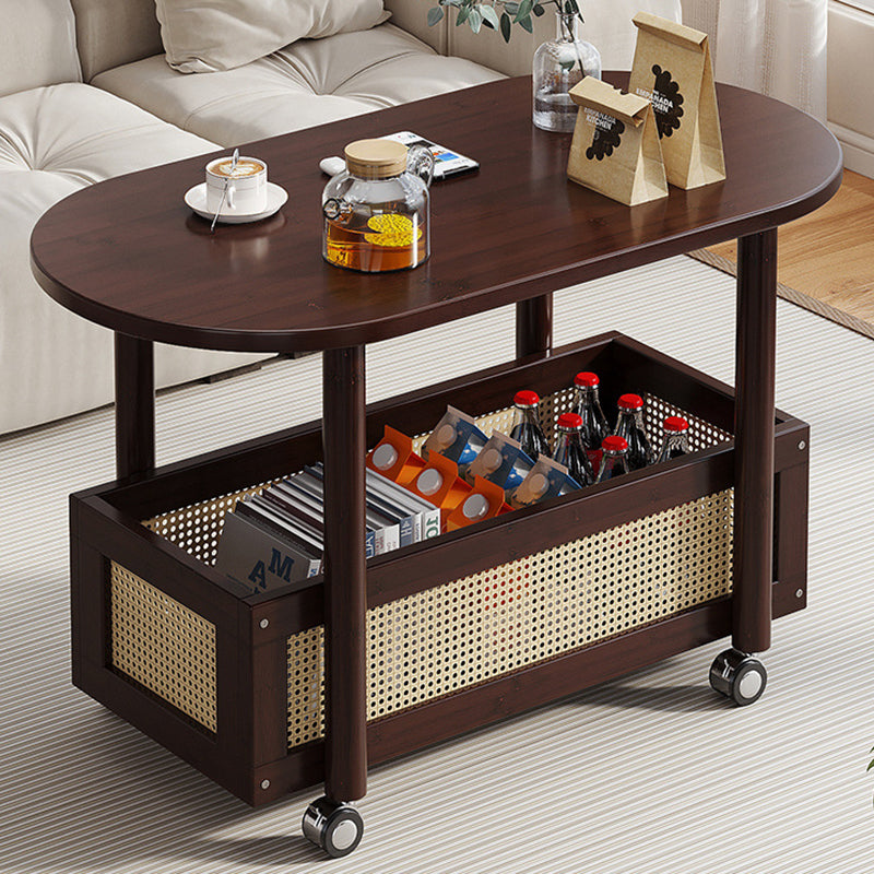 Traditional Vintage Bamboo PP Plastic Weaving Oval Rectangular Side Table 2-Tier Movable Storage For Living Room