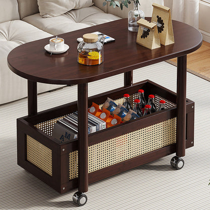 Traditional Vintage Bamboo PP Plastic Weaving Oval Rectangular Side Table 2-Tier Movable Storage For Living Room