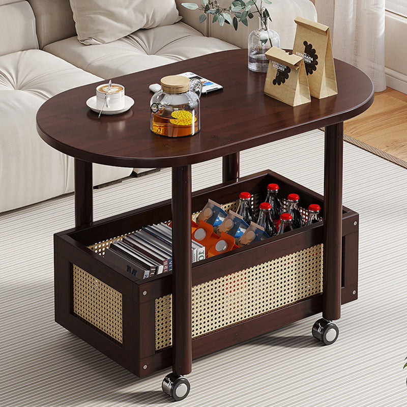 Traditional Vintage Bamboo PP Plastic Weaving Oval Rectangular Side Table 2-Tier Movable Storage For Living Room