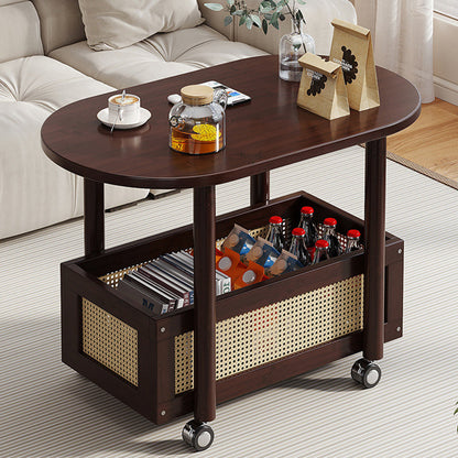 Traditional Vintage Bamboo PP Plastic Weaving Oval Rectangular Side Table 2-Tier Movable Storage For Living Room