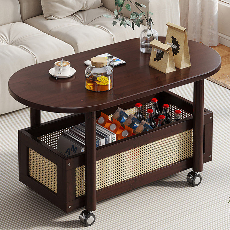 Traditional Vintage Bamboo PP Plastic Weaving Oval Rectangular Side Table 2-Tier Movable Storage For Living Room