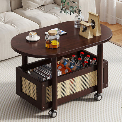 Traditional Vintage Bamboo PP Plastic Weaving Oval Rectangular Side Table 2-Tier Movable Storage For Living Room