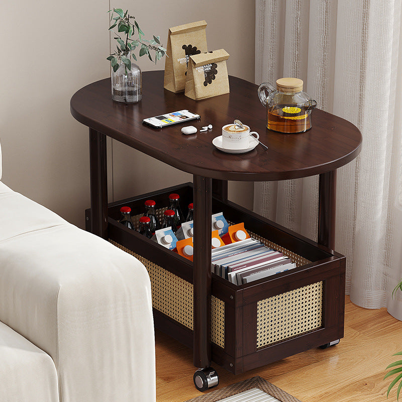 Traditional Vintage Bamboo PP Plastic Weaving Oval Rectangular Side Table 2-Tier Movable Storage For Living Room