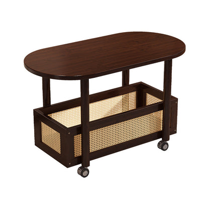 Traditional Vintage Bamboo PP Plastic Weaving Oval Rectangular Side Table 2-Tier Movable Storage For Living Room