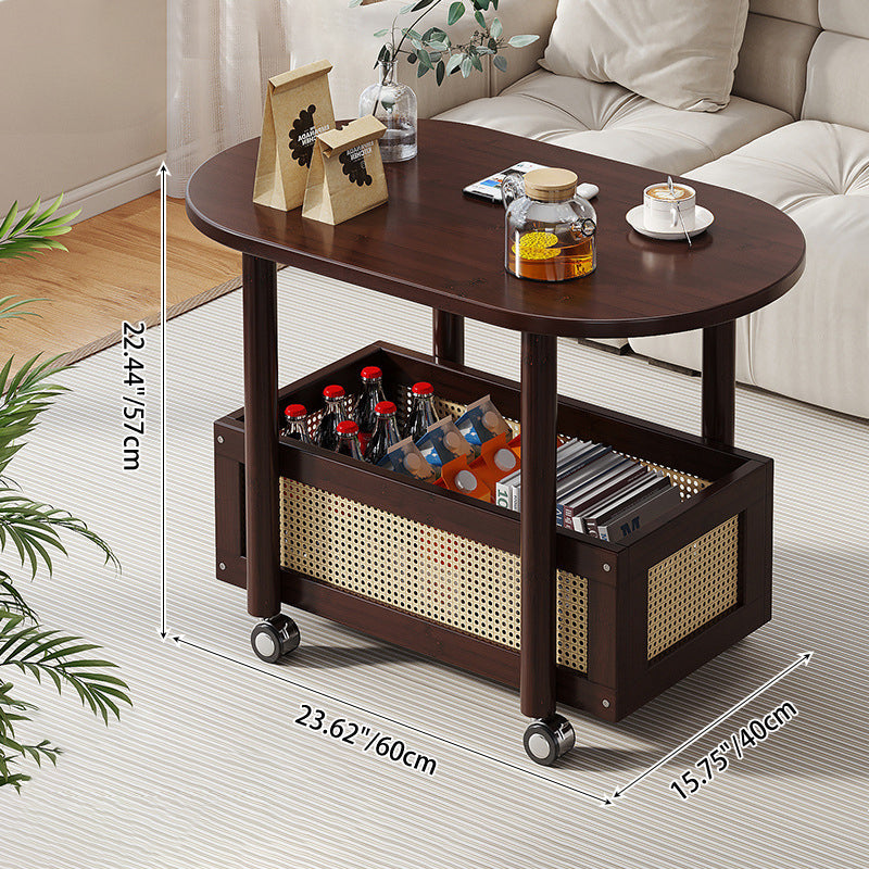 Traditional Vintage Bamboo PP Plastic Weaving Oval Rectangular Side Table 2-Tier Movable Storage For Living Room