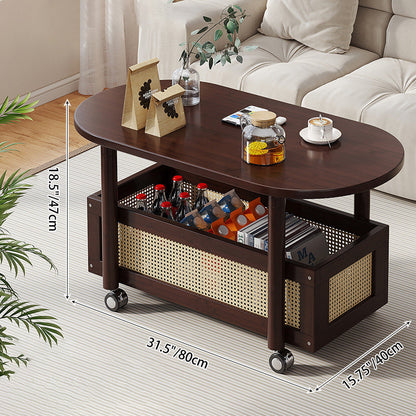 Traditional Vintage Bamboo PP Plastic Weaving Oval Rectangular Side Table 2-Tier Movable Storage For Living Room