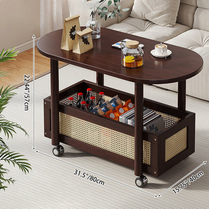 Traditional Vintage Bamboo PP Plastic Weaving Oval Rectangular Side Table 2-Tier Movable Storage For Living Room